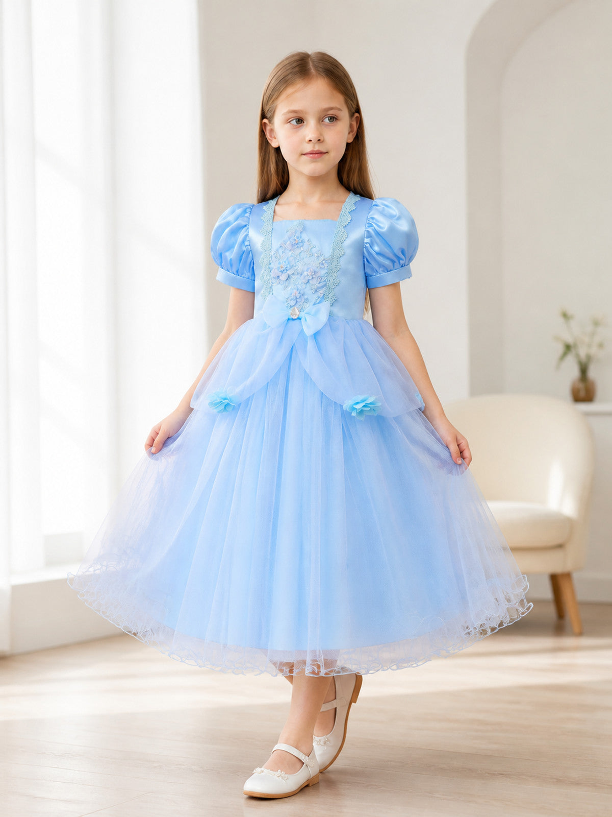 Light blue dress with a full skirt and puff sleeves lifestyle view