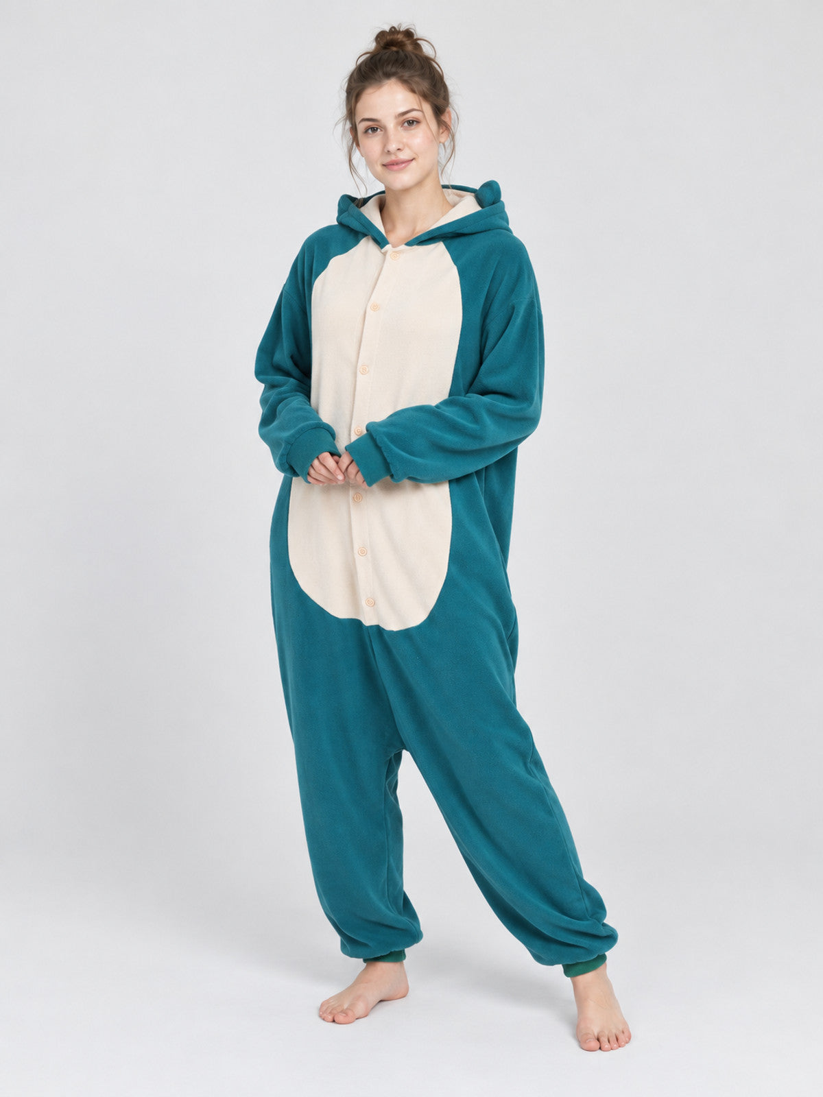 Turquoise Fleece Hooded Pajama Jumpsuit with Ears