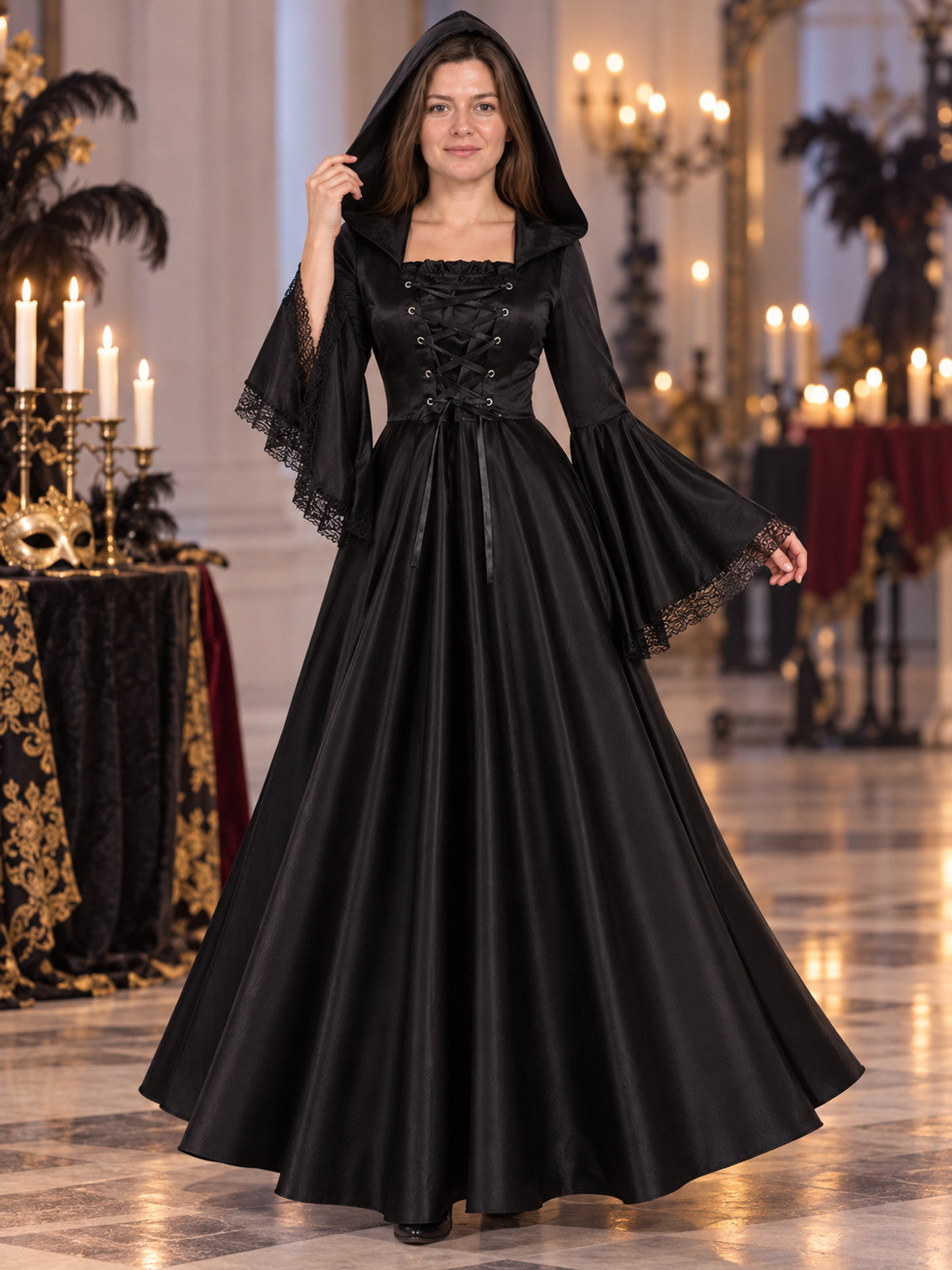 Long Black Gothic-Style Hooded Dress