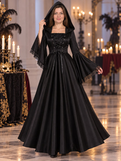 Long Black Gothic-Style Hooded Dress