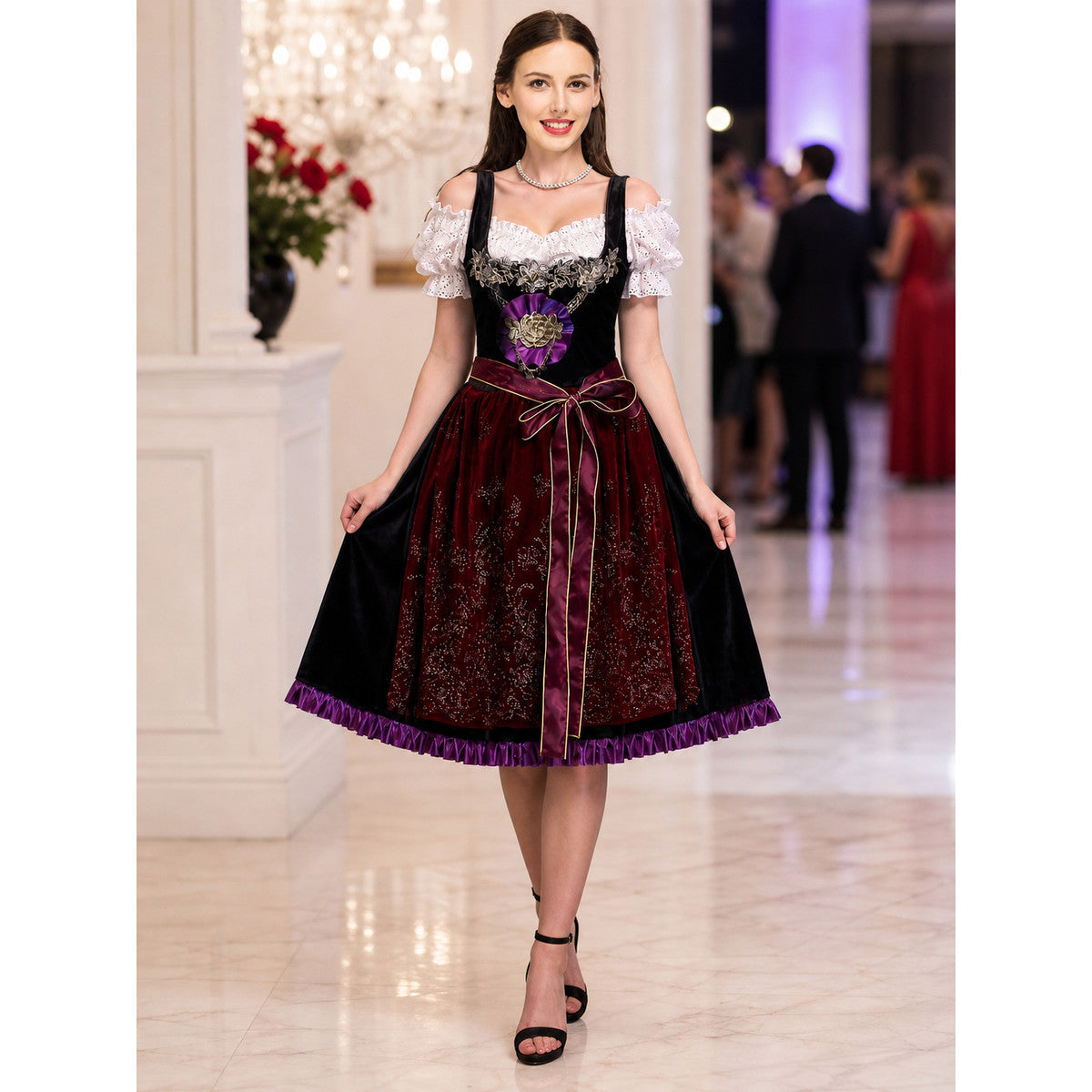 Retro-Style Dress with Bow and Floral Detail
