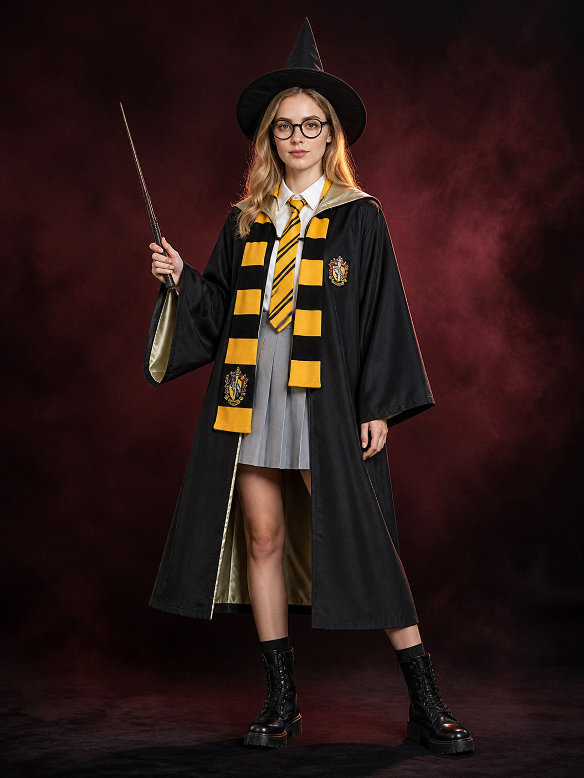 Black And Gold Hooded Wizard Costume Set With Robe, Shirt, Skirt And Accessories main product view
