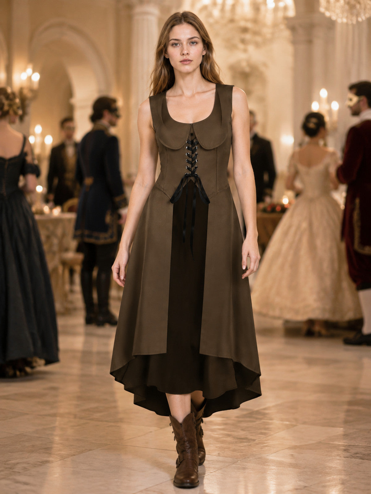 Brown Cosplay Dress with Asymmetrical Hem lifestyle view