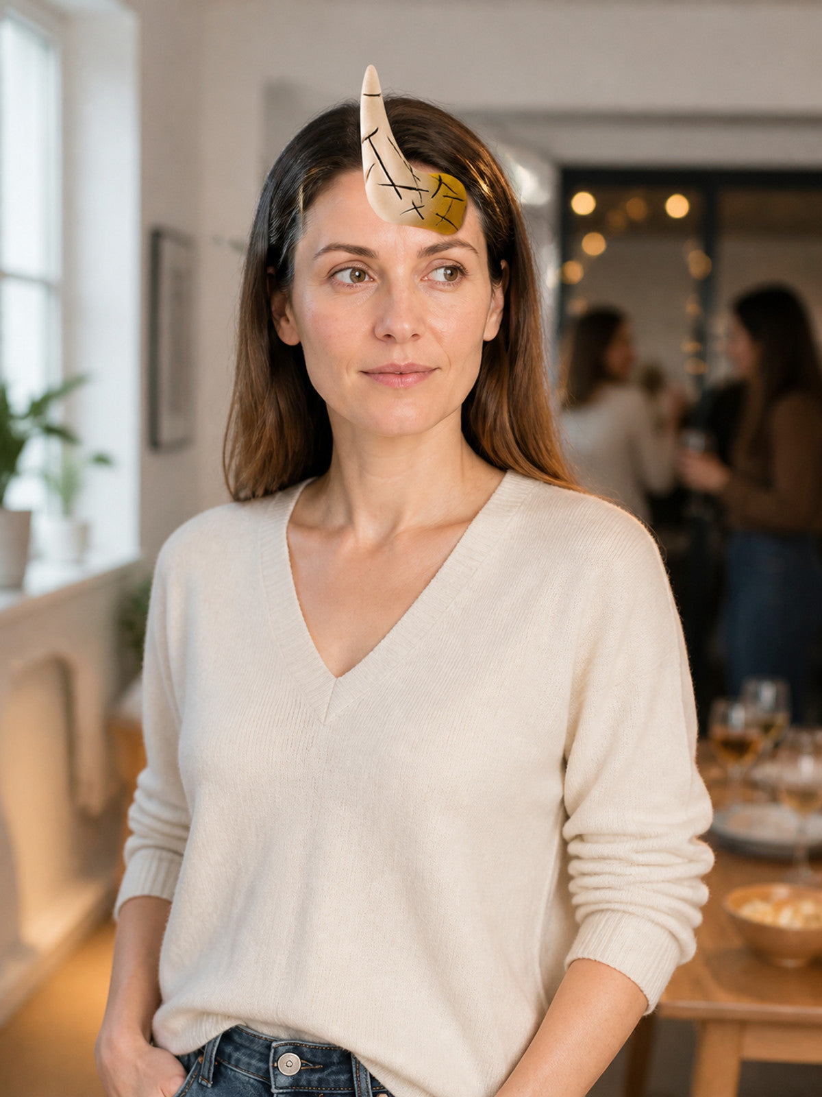 White and amber horn headpiece with black markings, shown on a model in a softly lit indoor setting