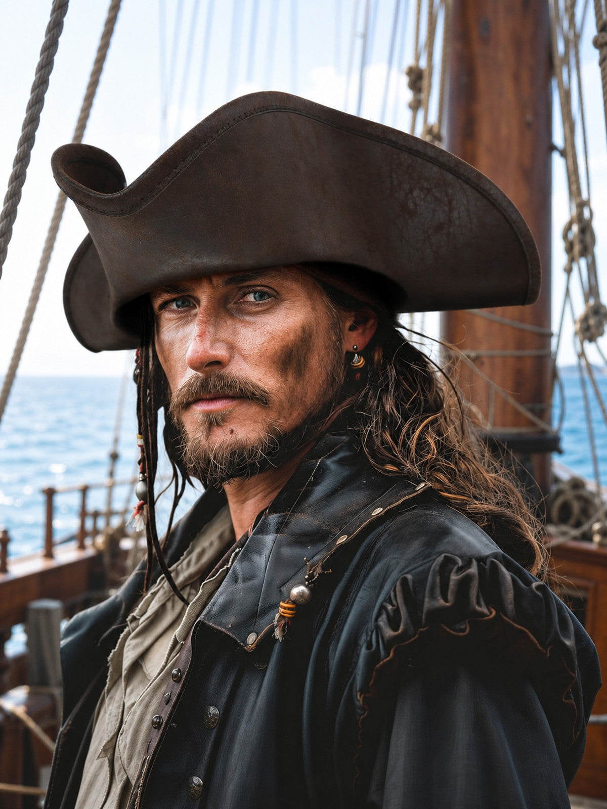 Brown leather-look tricorn pirate hat with curled brim edges, worn by a costumed person on a ship deck