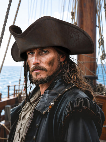 Brown leather-look tricorn pirate hat with curled brim edges, worn by a costumed person on a ship deck