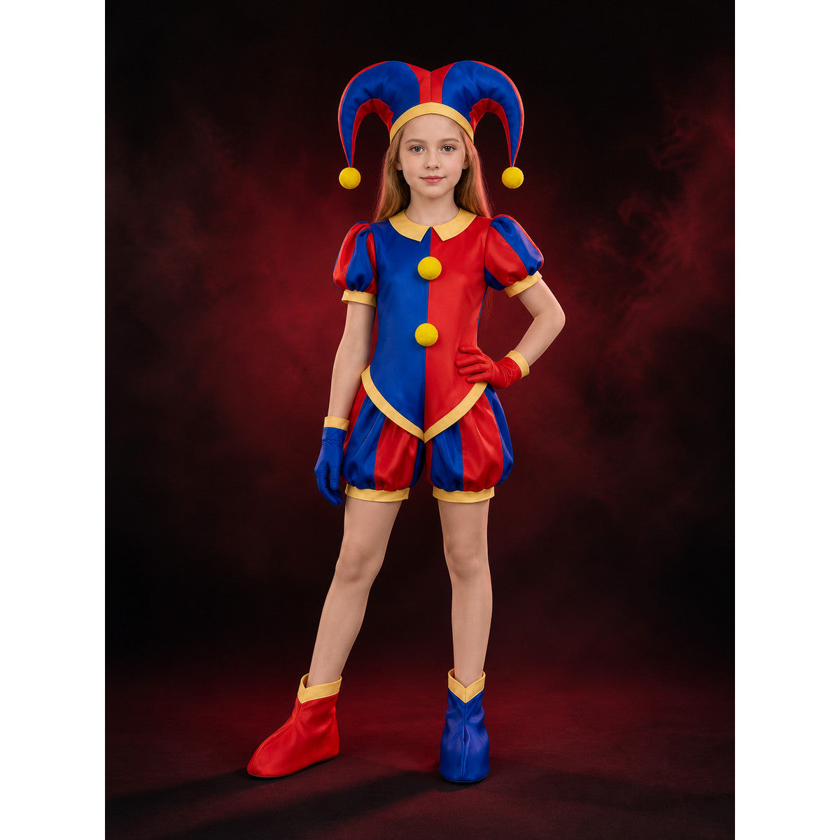 Full-length view of the red and blue jester jumpsuit costume with hat, gloves and red and blue foot covers