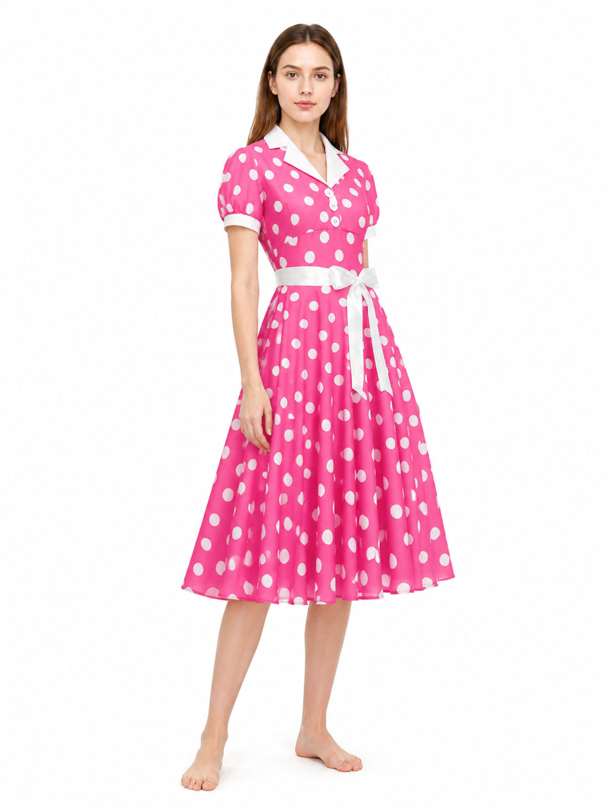 Polka-Dot Dress with a Turn-Down Collar and Bow Costume Dresses detail