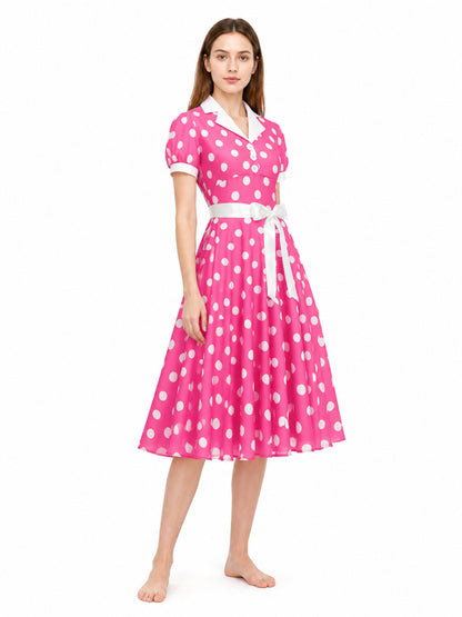 Polka-Dot Dress with a Turn-Down Collar and Bow Costume Dresses detail