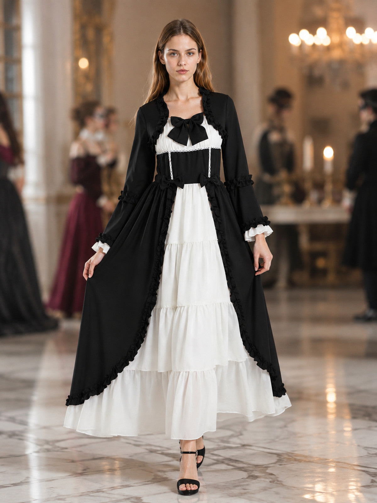 Long Black-and-White Stage Dress with Bow lifestyle view