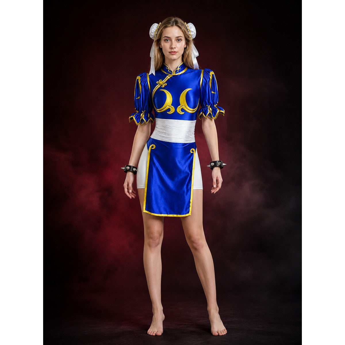 Women's Chun-Li Anime Cosplay Costume Set, Blue Qipao Outfit With Accessories main product view