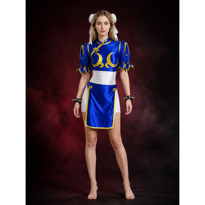 Women's Chun-Li Anime Cosplay Costume Set, Blue Qipao Outfit With Accessories main product view
