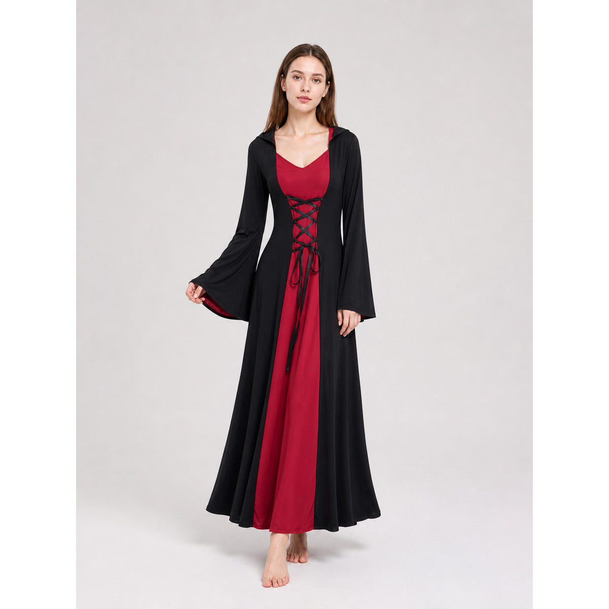 Long Gothic Hooded Costume Dress on-model front view