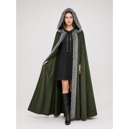 Green hooded cloak with gray fur trim, shown full-length as a model lifts the open side