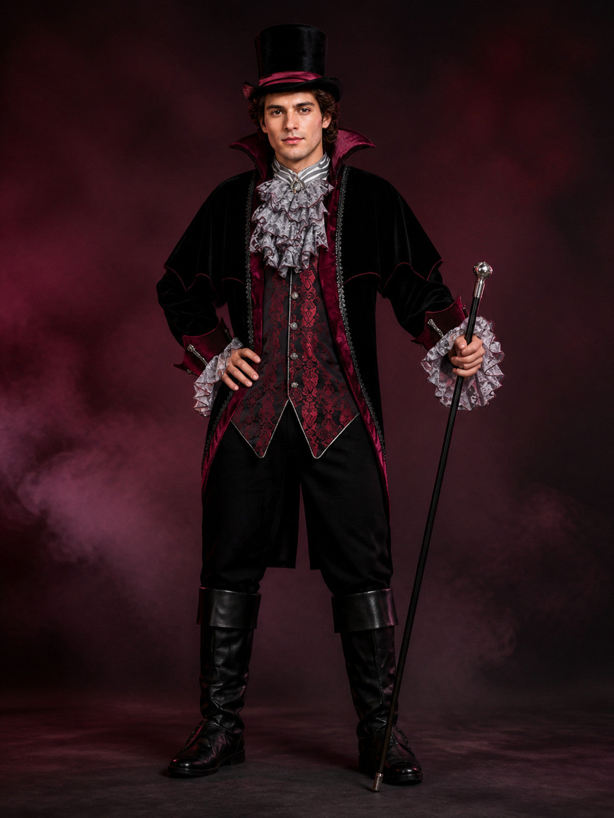 Gothic Wizard Costume Set, Black and Burgundy Long-Sleeve Halloween Cosplay main product view