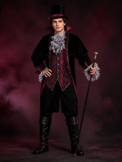 Gothic Wizard Costume Set, Black and Burgundy Long-Sleeve Halloween Cosplay main product view