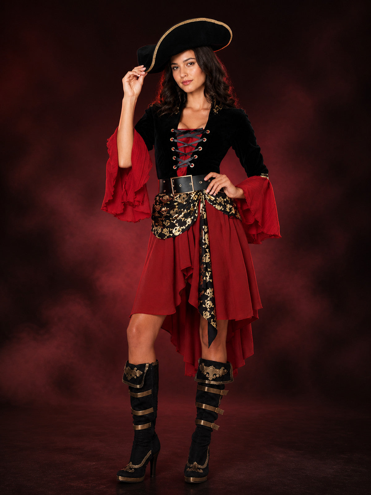 Women's Red and Black Pirate Halloween Costume Set, Asymmetric Layered Skirt