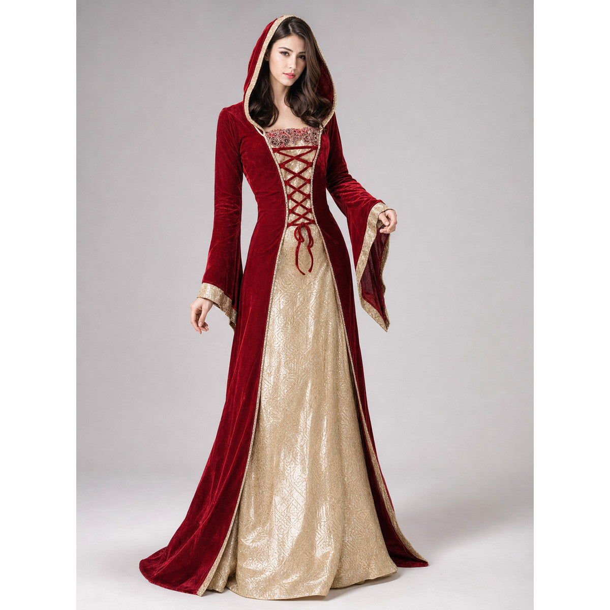 Red Carnival Dress with Hood and Lacing Costume Dresses detail