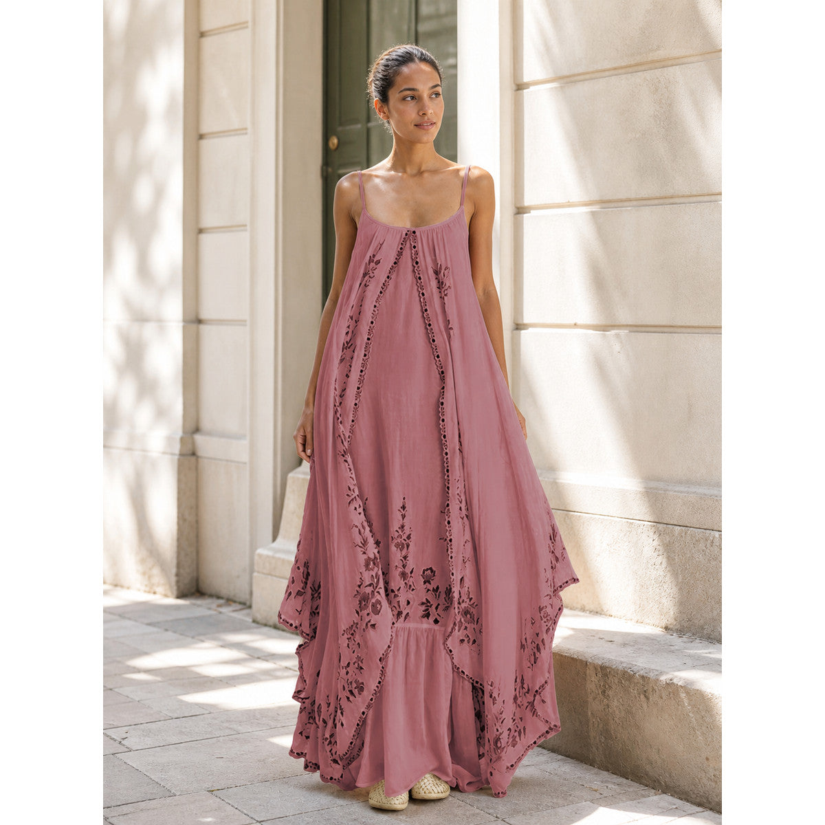 Long Pink Dress with Thin Straps and Print