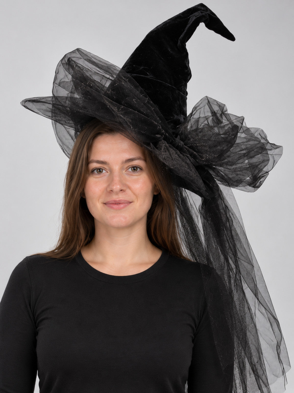 Black Pointed Witch Hat with Bow and Tulle Veil
