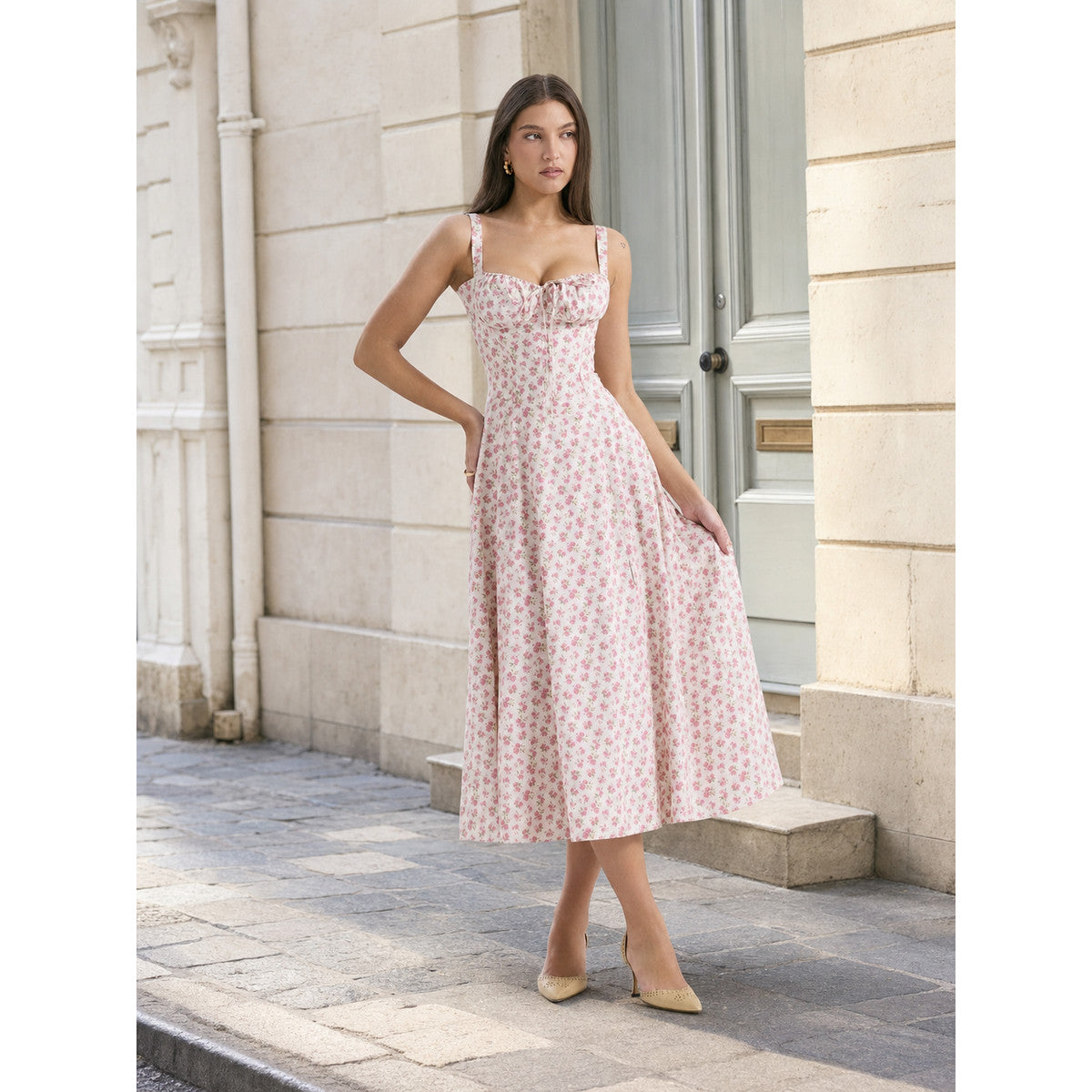 Women's Floral Print Midi Dress with Straps Costume Dresses detail