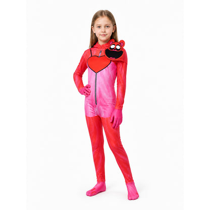 Pink Poppy Playtime Jumpsuit with Hood and Heart on-model front view