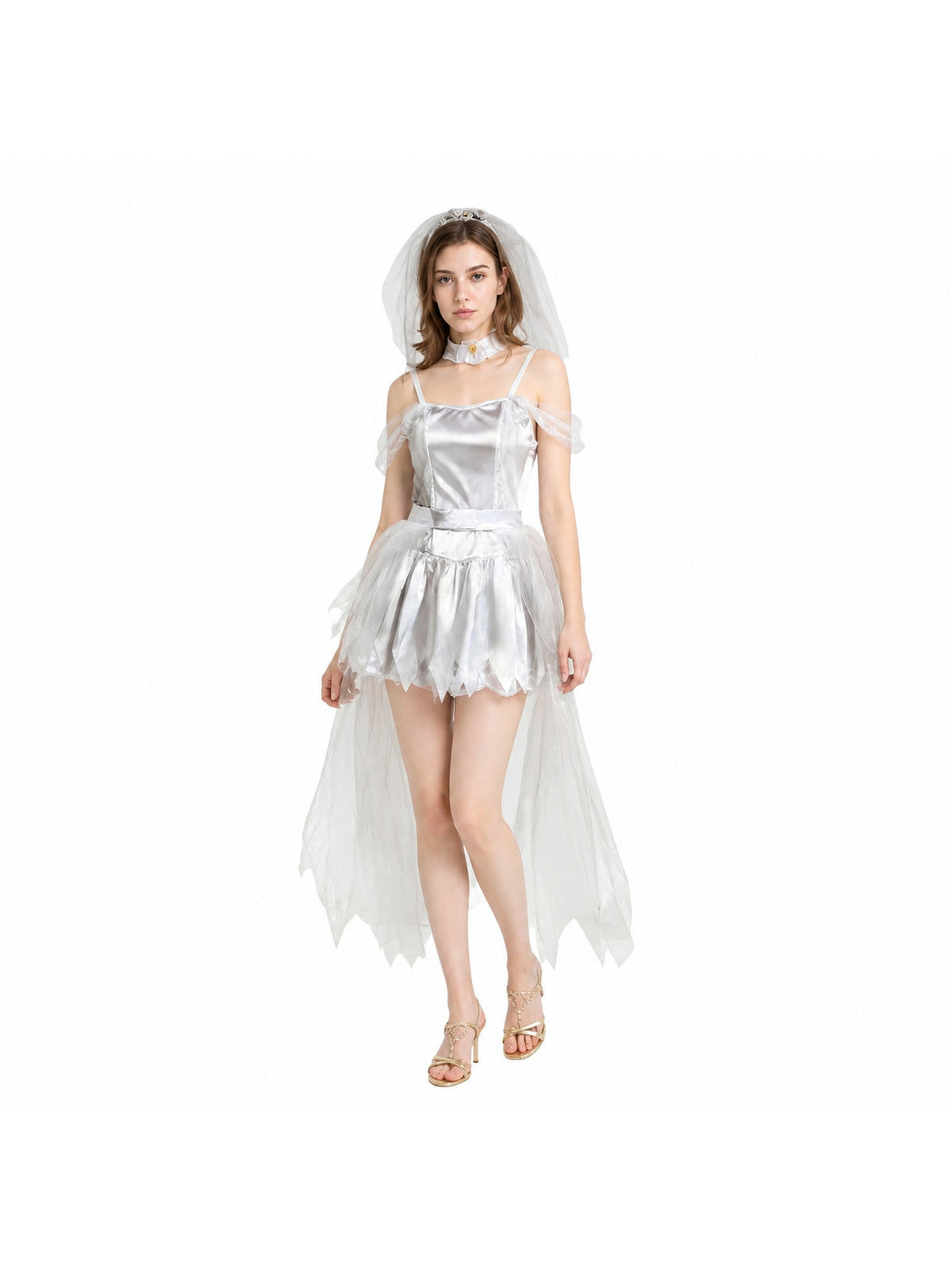 Retro-Style Dress with Cape and Train, White Costume Dresses detail