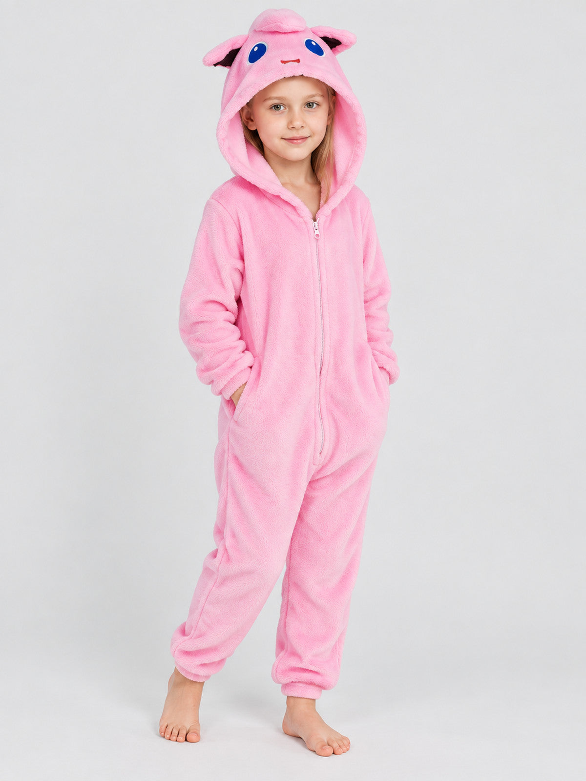 Pink plush kigurumi jumpsuit with hood and ears