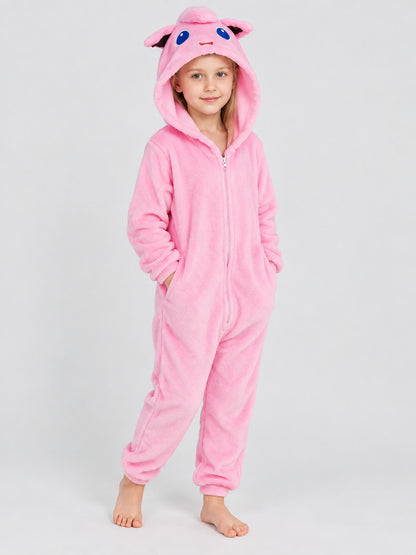 Pink plush kigurumi jumpsuit with hood and ears