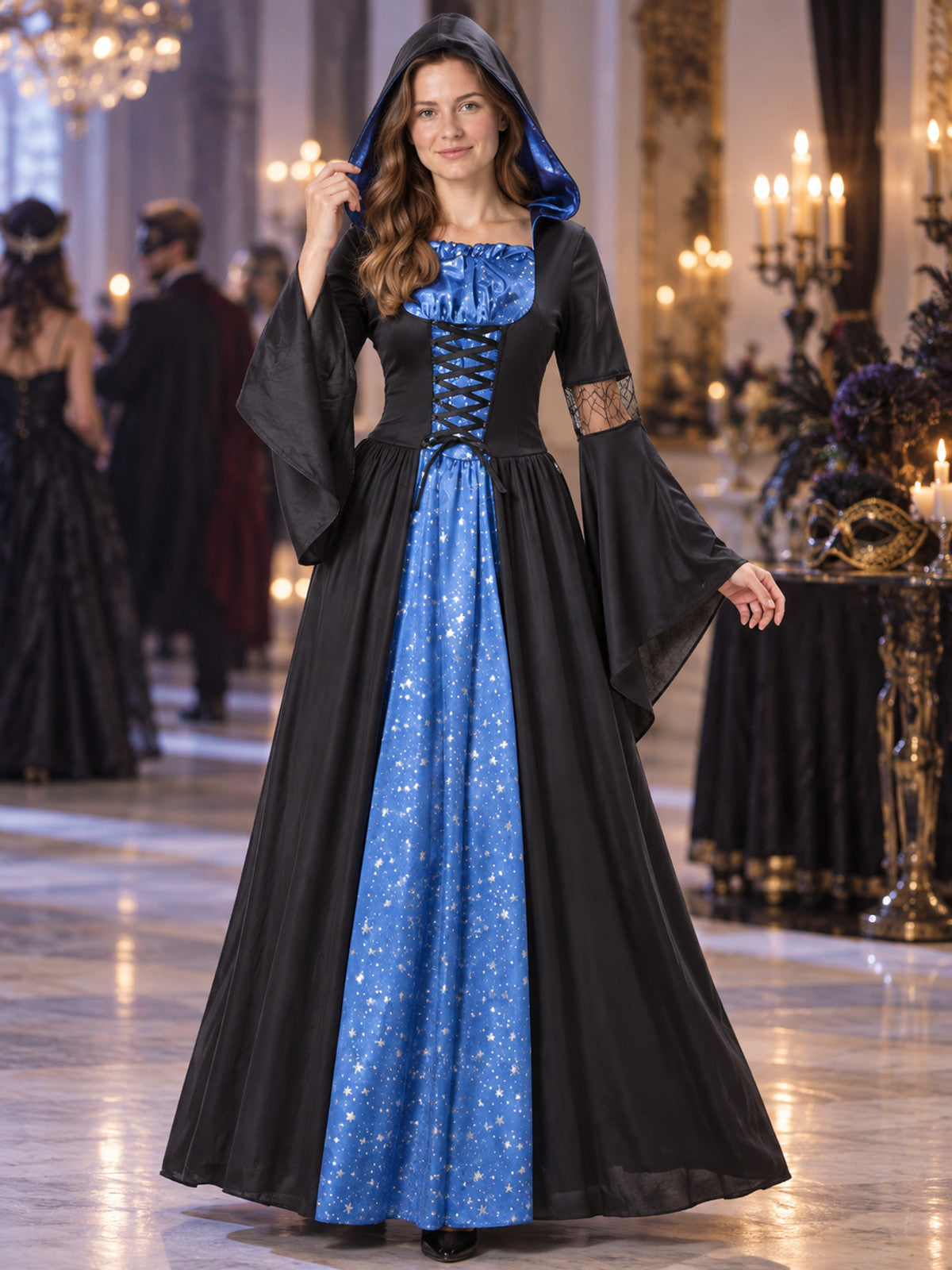 Black and Blue Hooded Lace-Up Carnival Dress
