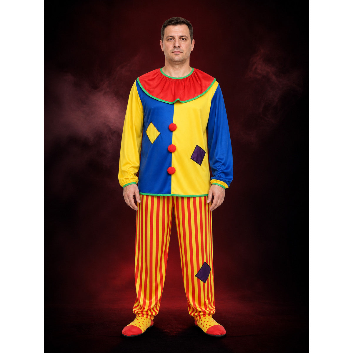 Adult Unisex Clown Costume Set, Colorful Striped Top and Pants, Circus Halloween main product view