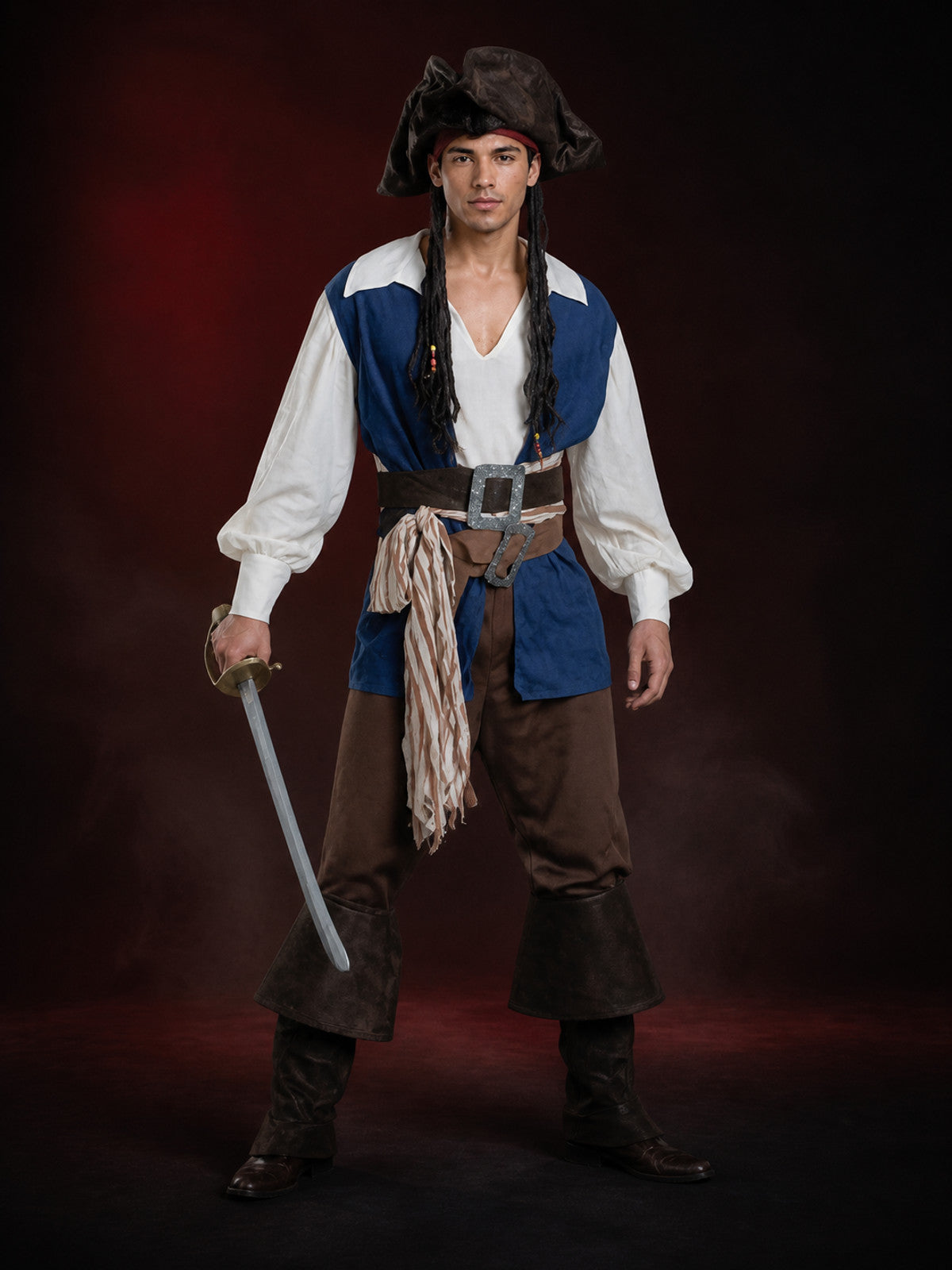 Adult Pirate Costume Set With Hat, Vest, Shirt, Pants, Belt And Boot Covers main product view