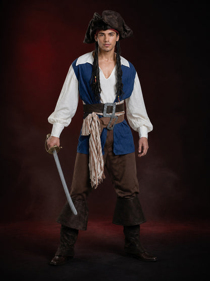 Adult Pirate Costume Set With Hat, Vest, Shirt, Pants, Belt And Boot Covers main product view