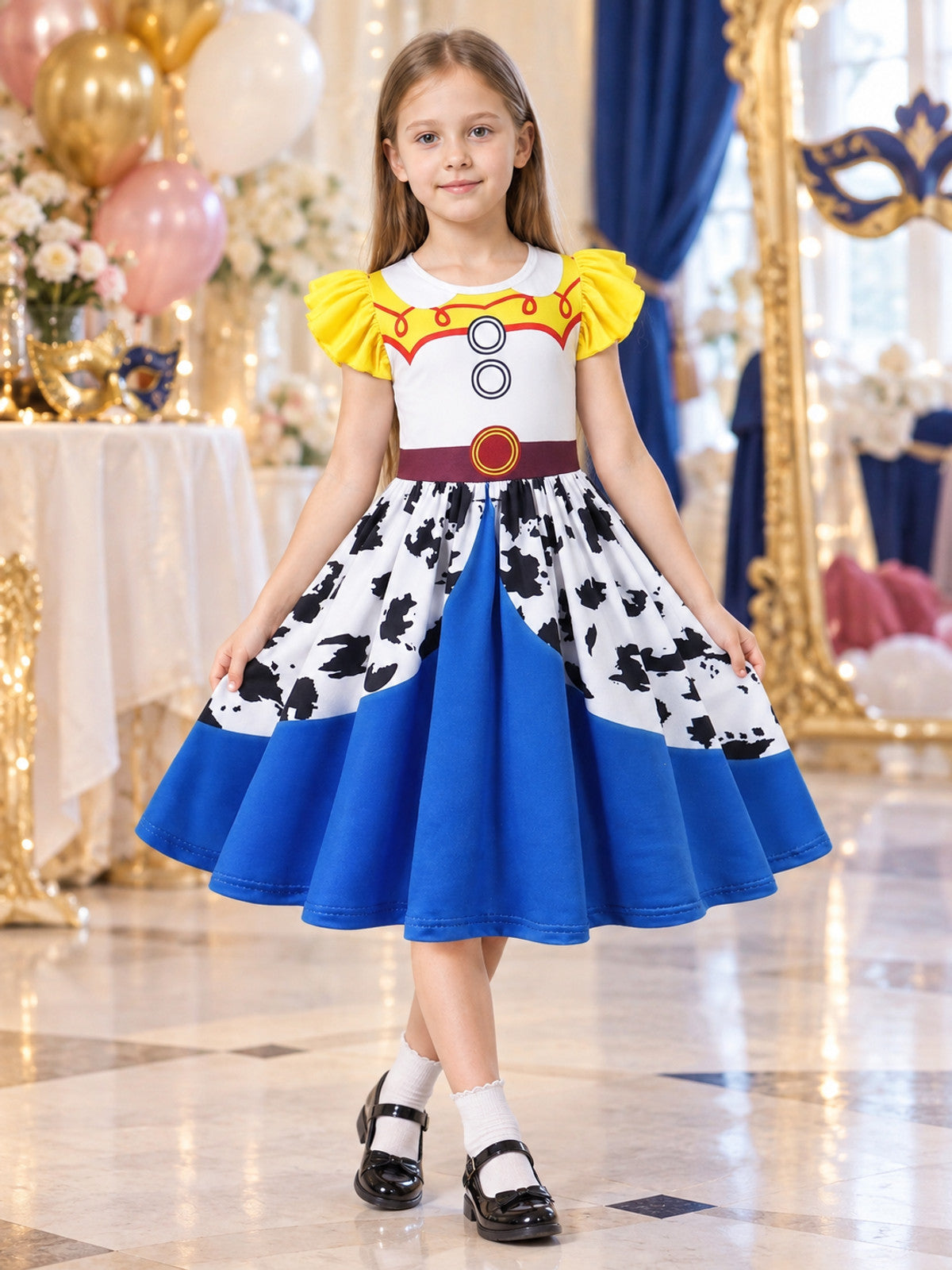 A-Line Children's Dress with Yellow Puff Sleeves lifestyle view