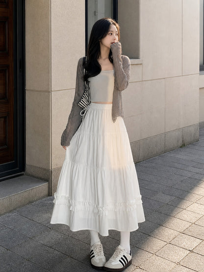 White Long A-Line Skirt with Tiered Ruffles product detail