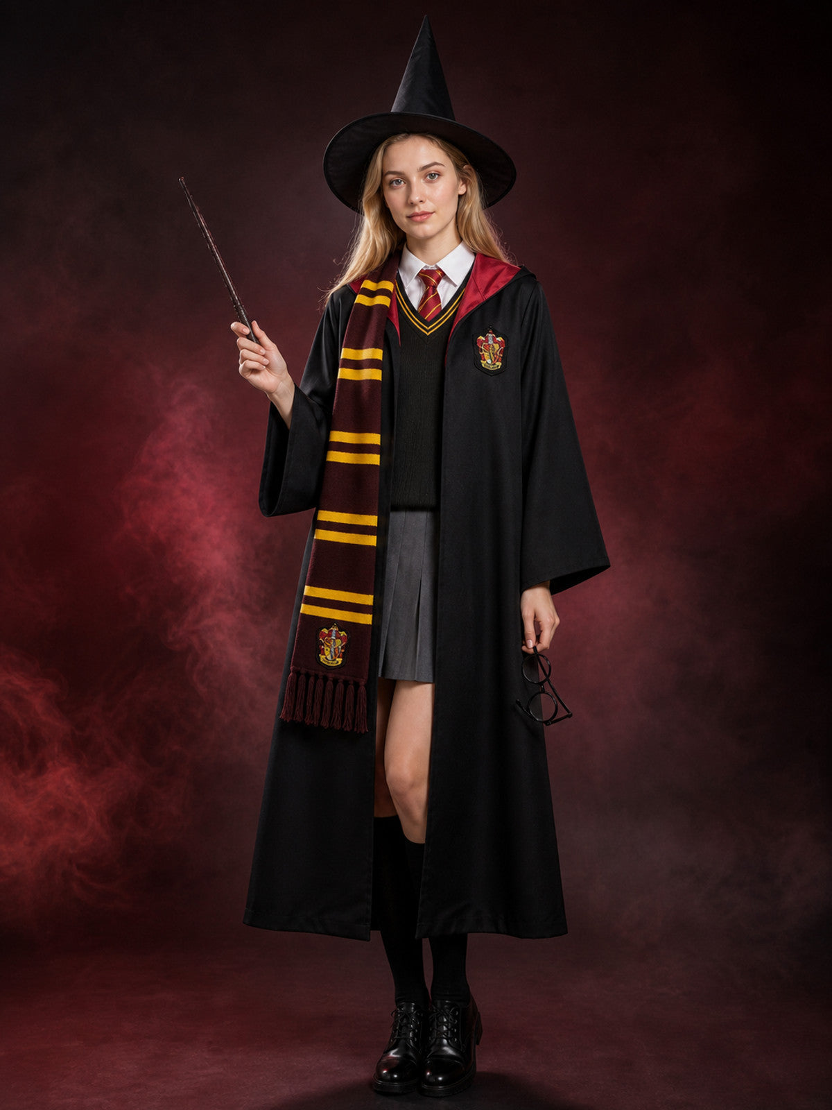 Unisex Wizard Costume Set for Kids and Adults, Hooded Robe with Crest, Striped main product view