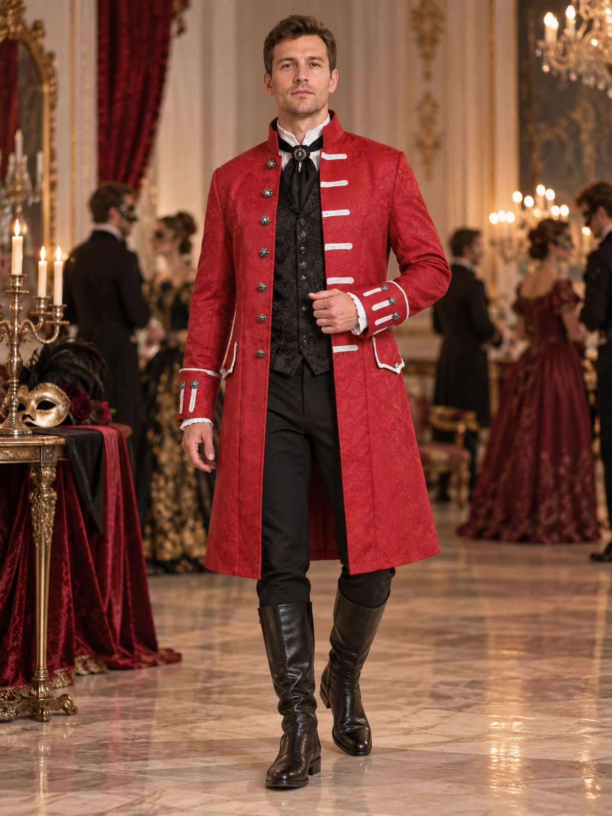 Long Gothic Red Coat with White Trim