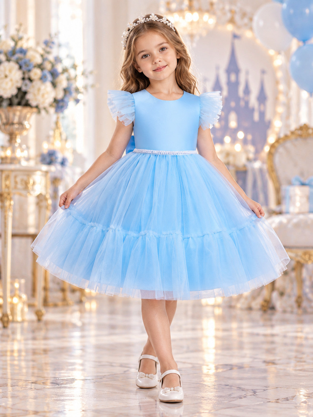 Girls' Holiday Dress with Bow and Pearl Belt