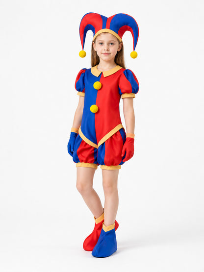 Red-and-Blue Pomni Clown Jumpsuit with Yellow Pom-Poms