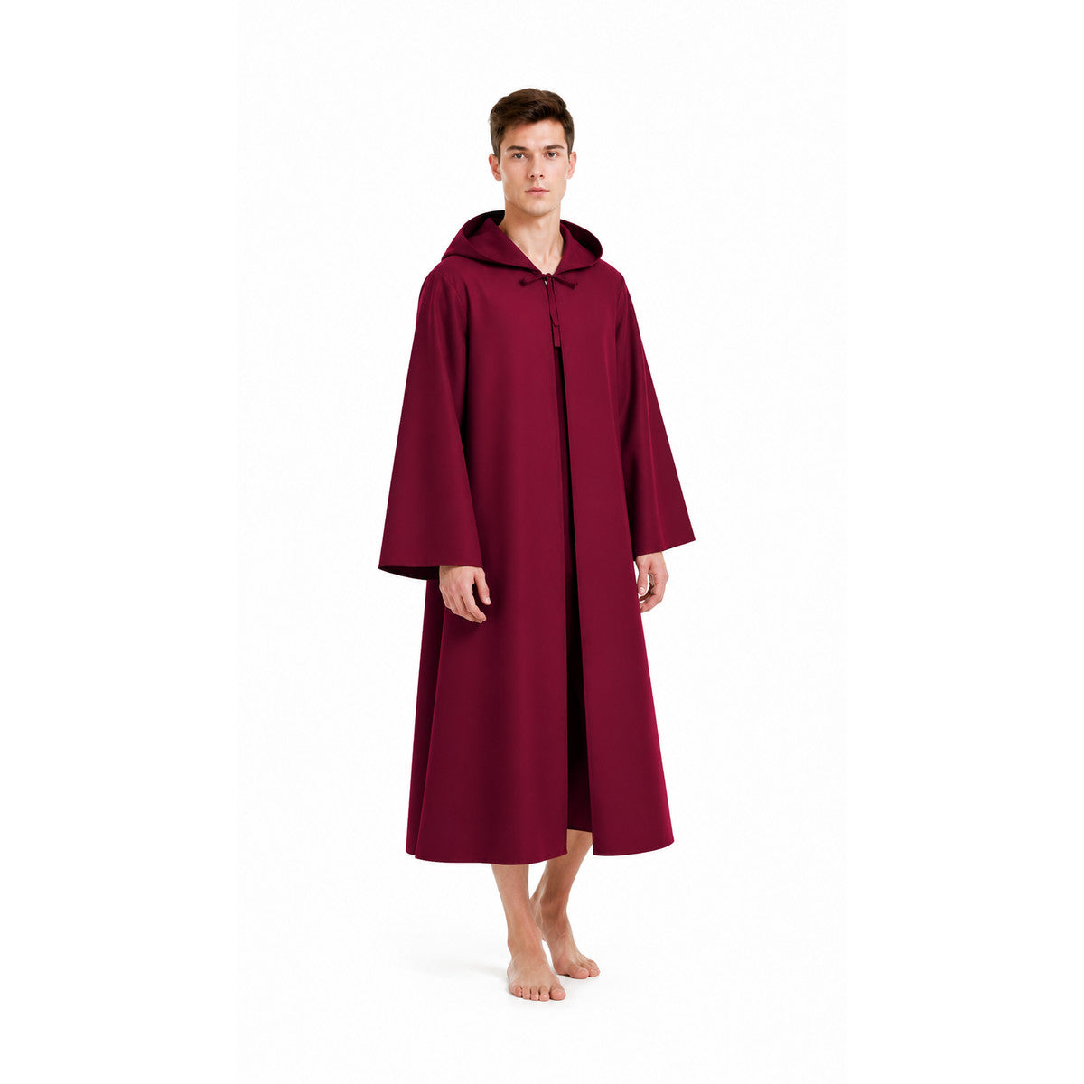 Long Burgundy Hooded Cloak with Flared Sleeves Costume Capes detail