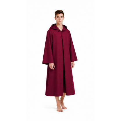 Long Burgundy Hooded Cloak with Flared Sleeves Costume Capes detail