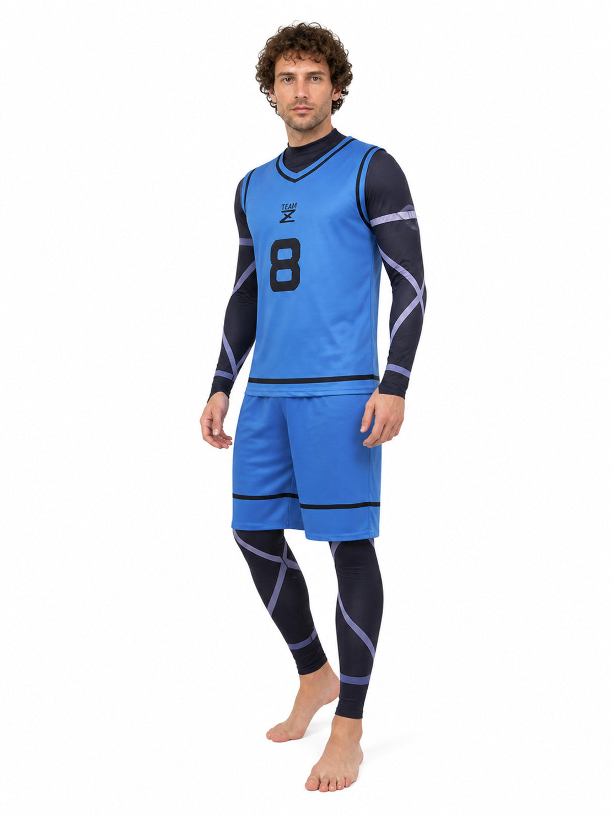 Blue Lock cosplay costume, blue, with number 8 and stripes