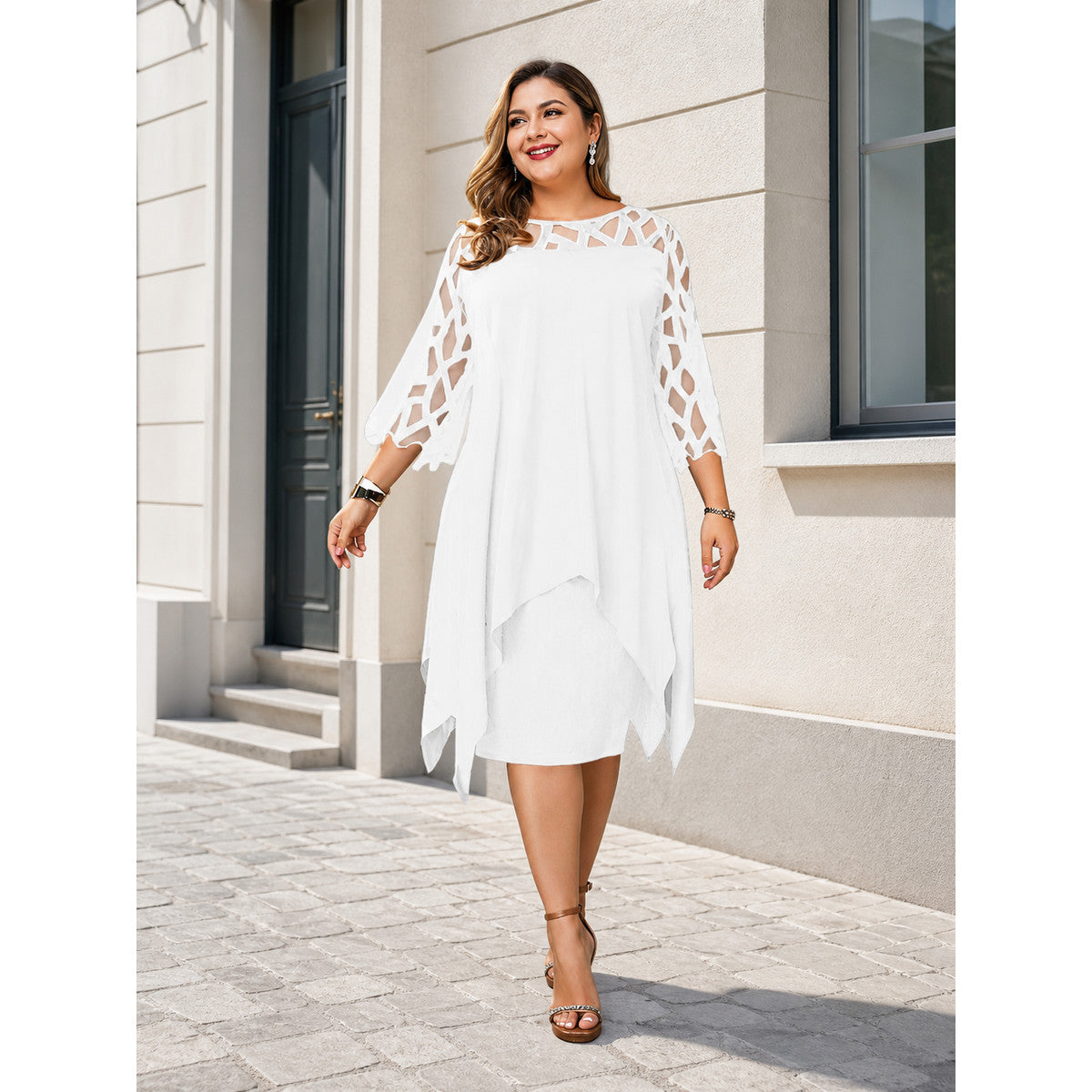White Loose-Fit Midi Dress with Cutouts
