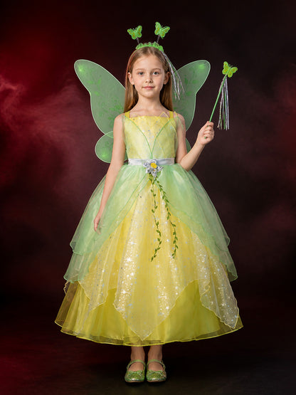 Girls Tinker Bell Fairy Princess Costume Dress Set with Wings & Wand