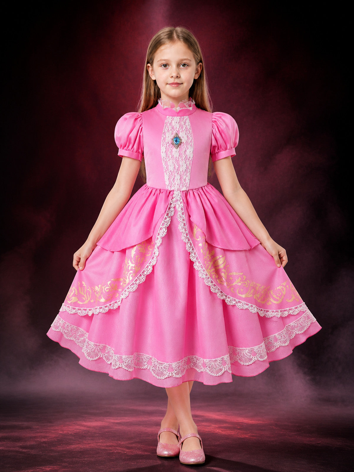 Kids' Pink Princess Costume Dress with Lace Trim, Puff Sleeves and Layered Skirt main product view