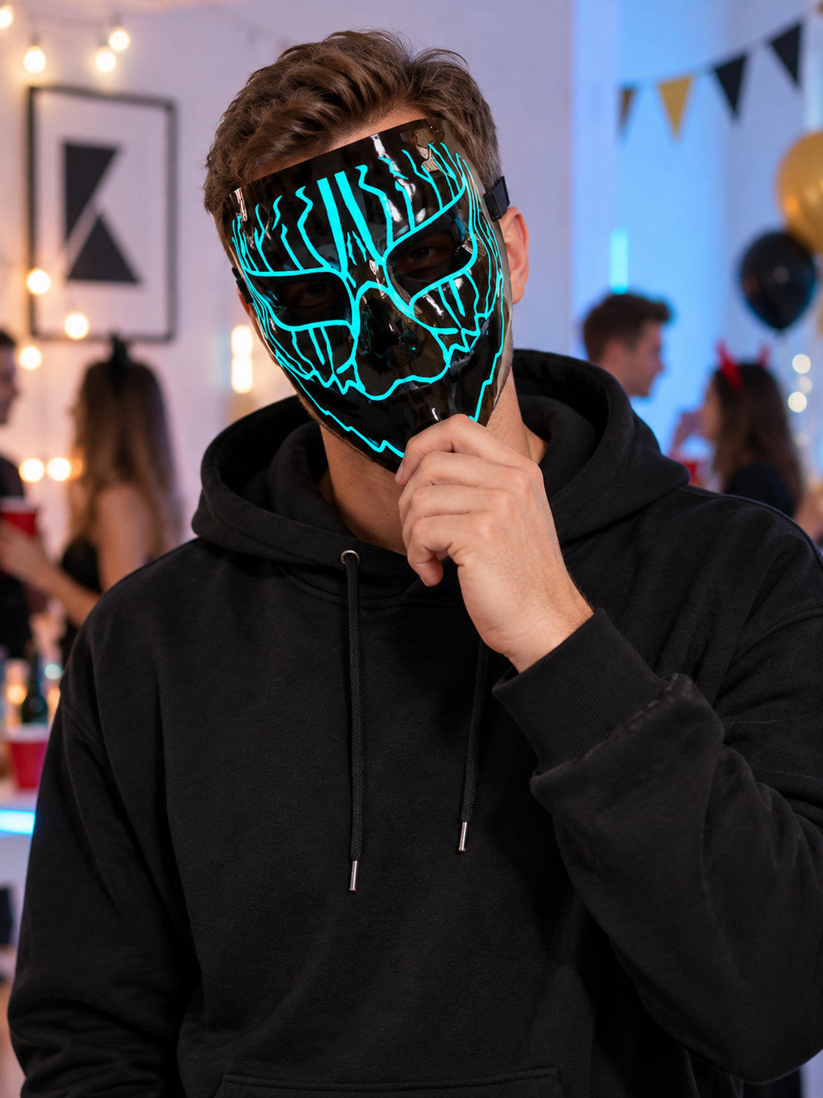 Glowing Full-Face Mask Black with Blue Lines