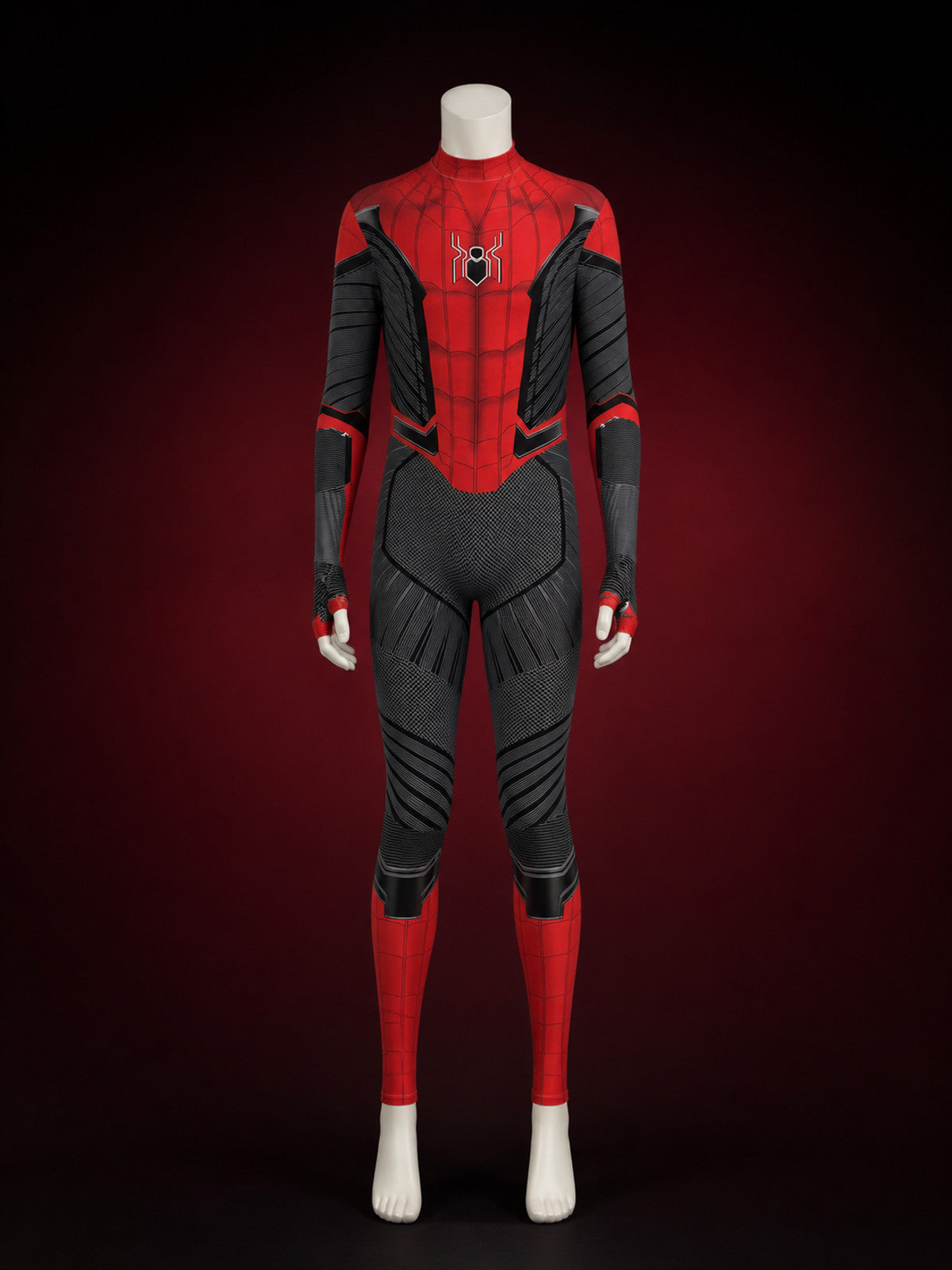 Red and Black Spider-Themed Full-Body Jumpsuit Costume, Head-Covering Design main product view