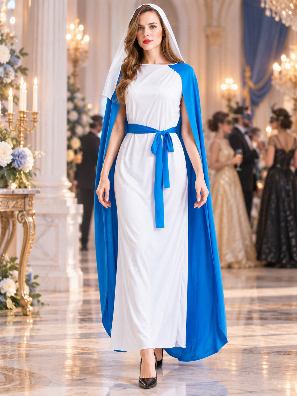 Carnival Costume with White Dress and Blue Cape
