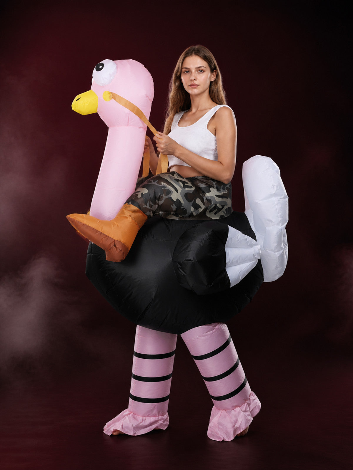 Inflatable Ostrich Costume Bodysuit with Pink Neck, Funny Halloween Outfit