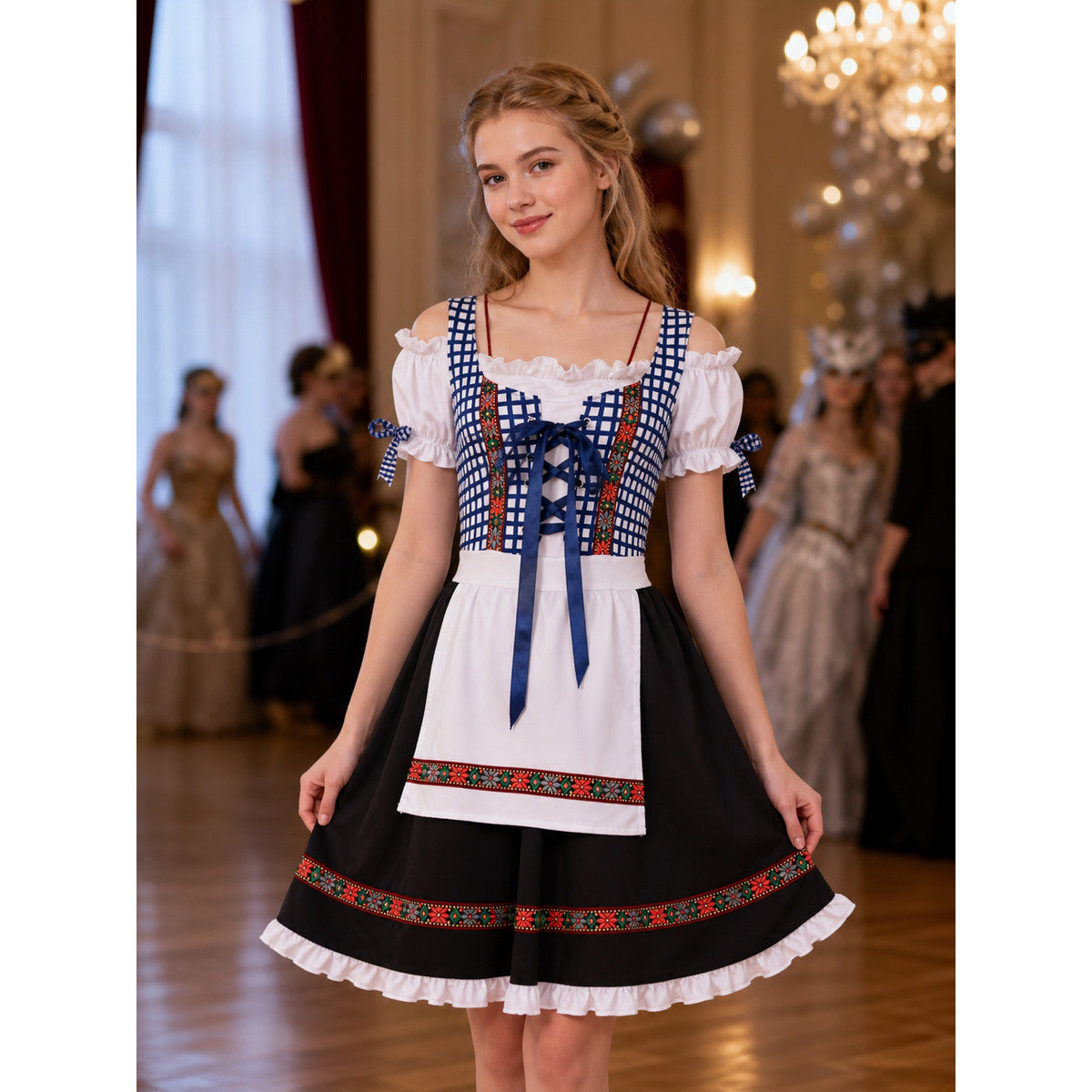 Historical national costume featuring a blue-and-white check pattern with a black lower panel. The design includes a white apron front and long blue lacing on the chest. Red-and-green ethnic patterns adorn the decorative shoulder bands, wai